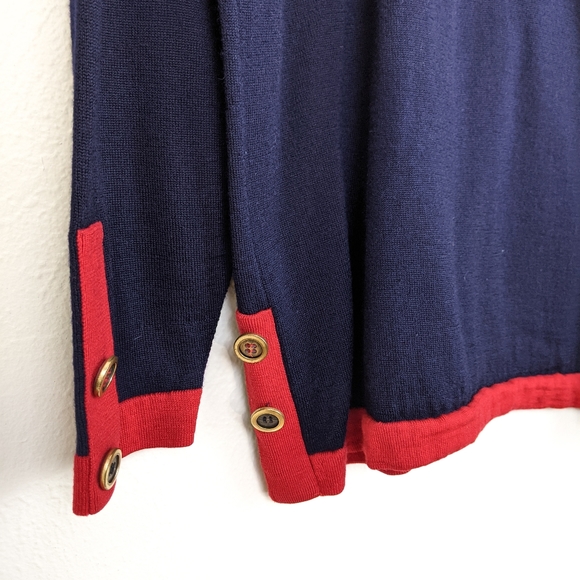 Vintage Jaeger Navy Blue W/ Red Trim Wool Sweater - Picture 10 of 11